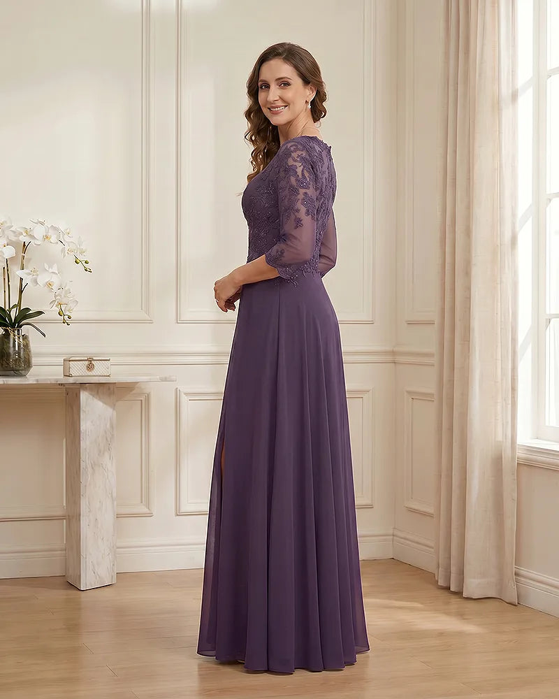 Lace-3/4-Sleeve-Chiffon-A-Line-Mother-of-the-Groom-Dress-Plum-3
