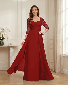 Lace-3/4-Sleeve-Chiffon-A-Line-Mother-of-the-Groom-Dress-Red-1