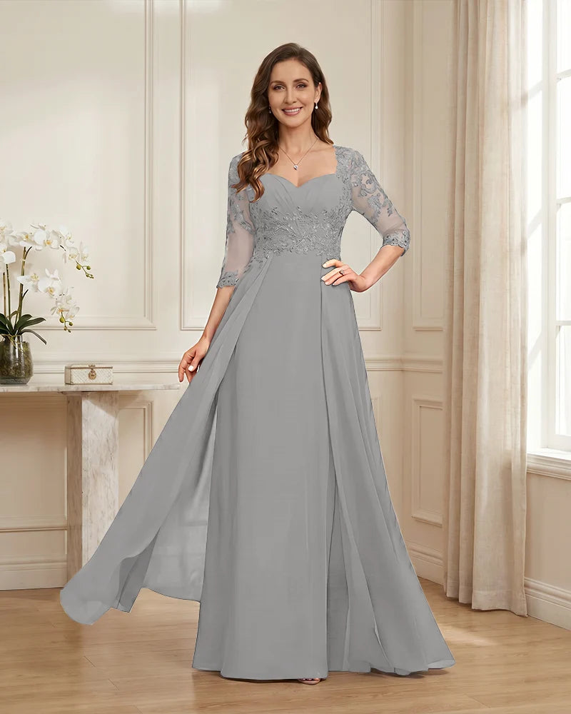 Lace-3/4-Sleeve-Chiffon-A-Line-Mother-of-the-Groom-Dress-Silver-1