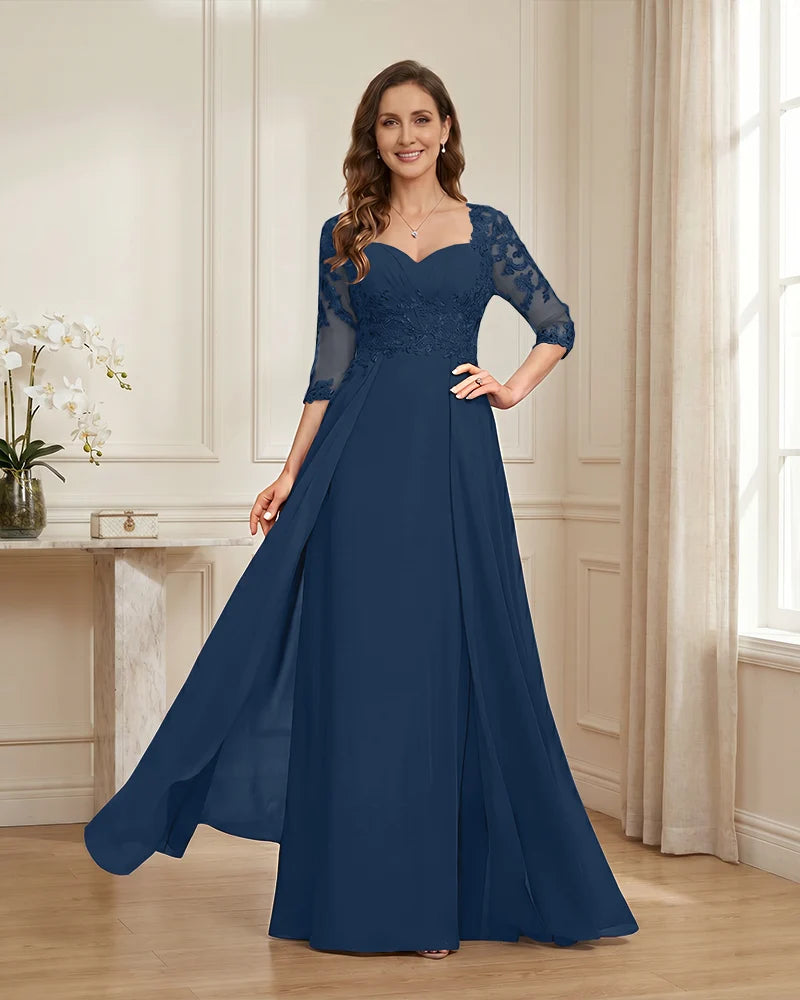 Lace-3/4-Sleeve-Chiffon-A-Line-Mother-of-the-Groom-Dress-Teal-1