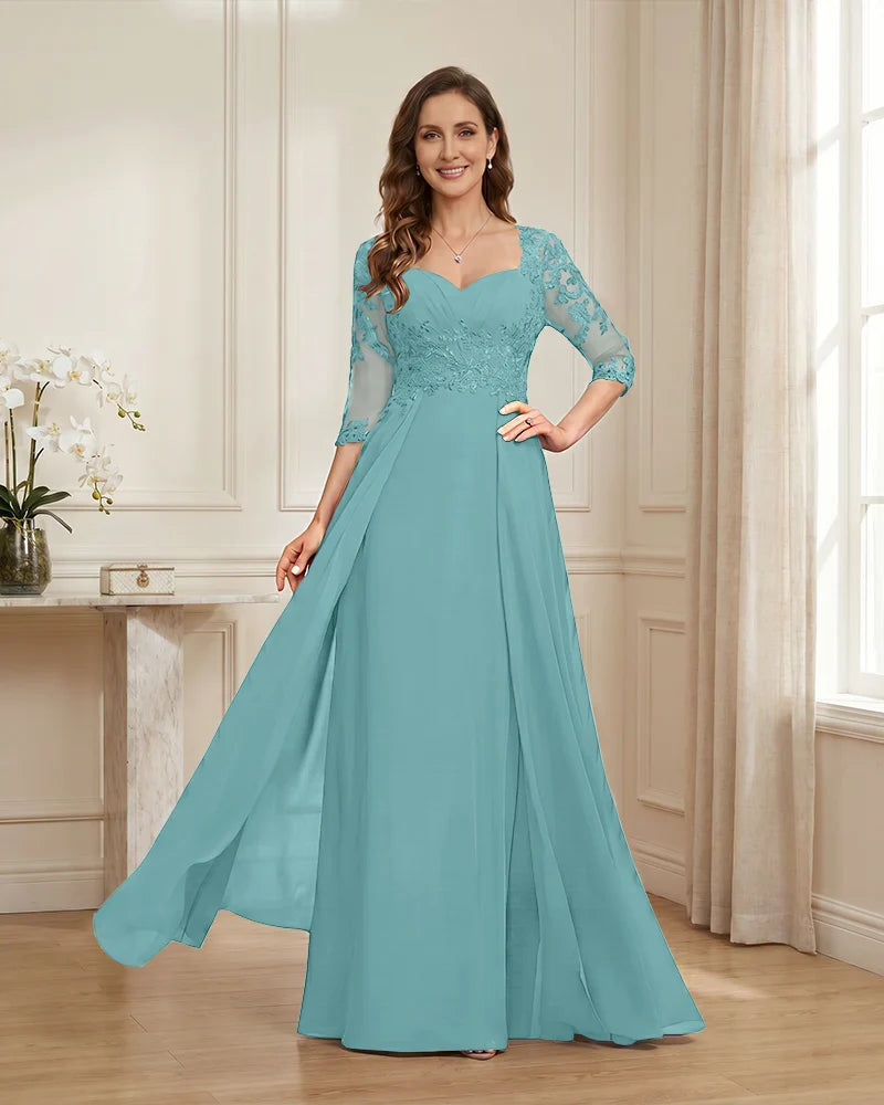 Lace-3/4-Sleeve-Chiffon-A-Line-Mother-of-the-Groom-Dress-Turquoise-1