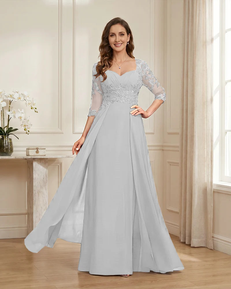 Lace-3/4-Sleeve-Chiffon-A-Line-Mother-of-the-Groom-Dress-White-1