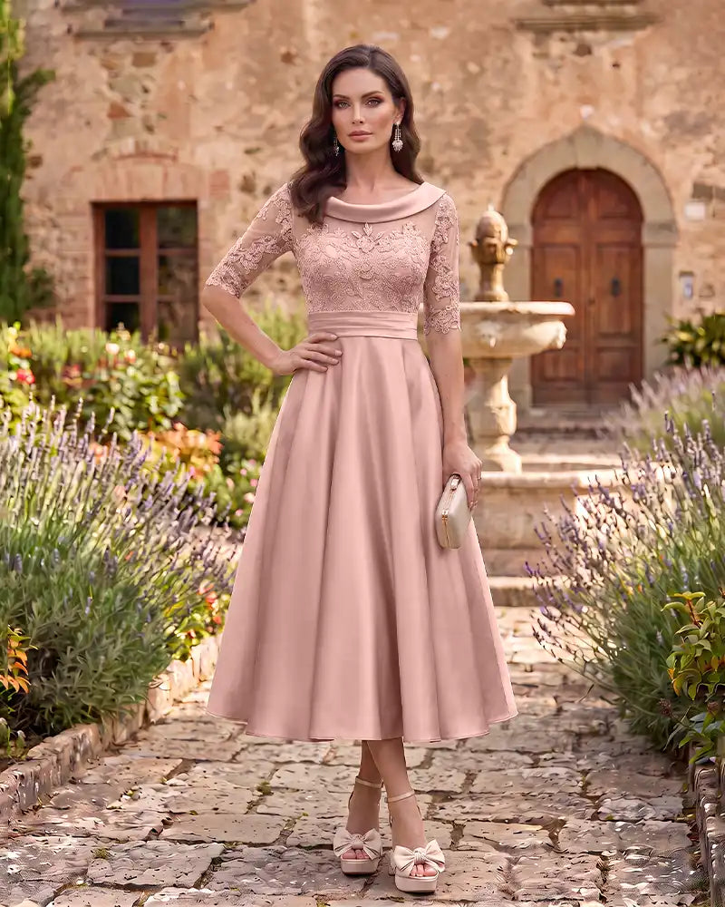 Sheer Lace Bodice A Line Formal Mother of the Bride Dress