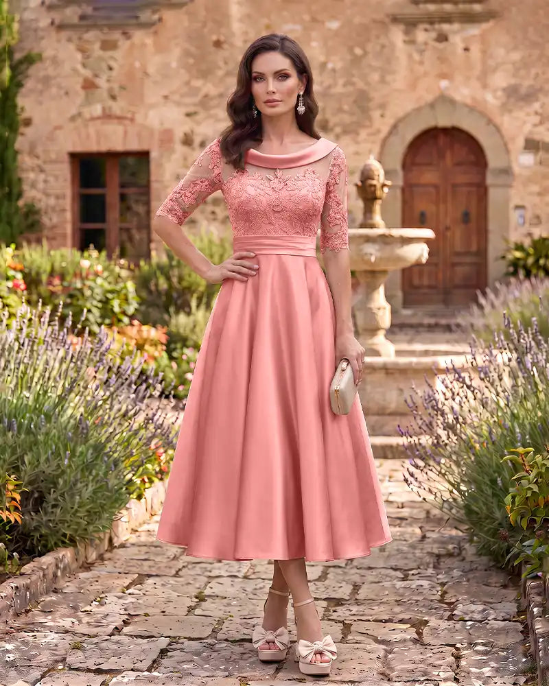 Sheer Lace Bodice A Line Formal Mother of the Bride Dress