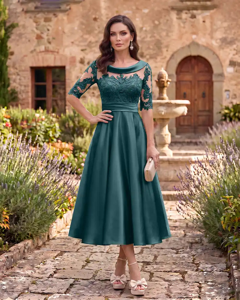 Sheer Lace Bodice A Line Formal Mother of the Bride Dress