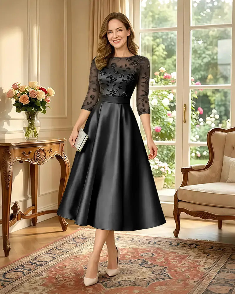 Satin-Tea-Length-Mother-of-the-Bride-Dress-with-Floral-Lace-Black-1