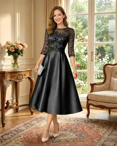 Satin-Tea-Length-Mother-of-the-Bride-Dress-with-Floral-Lace-Black-1