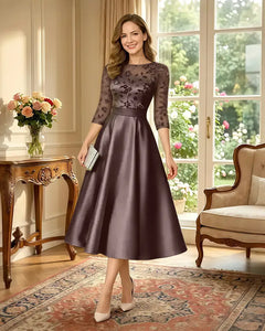 Satin-Tea-Length-Mother-of-the-Bride-Dress-with-Floral-Lace-Brown-1