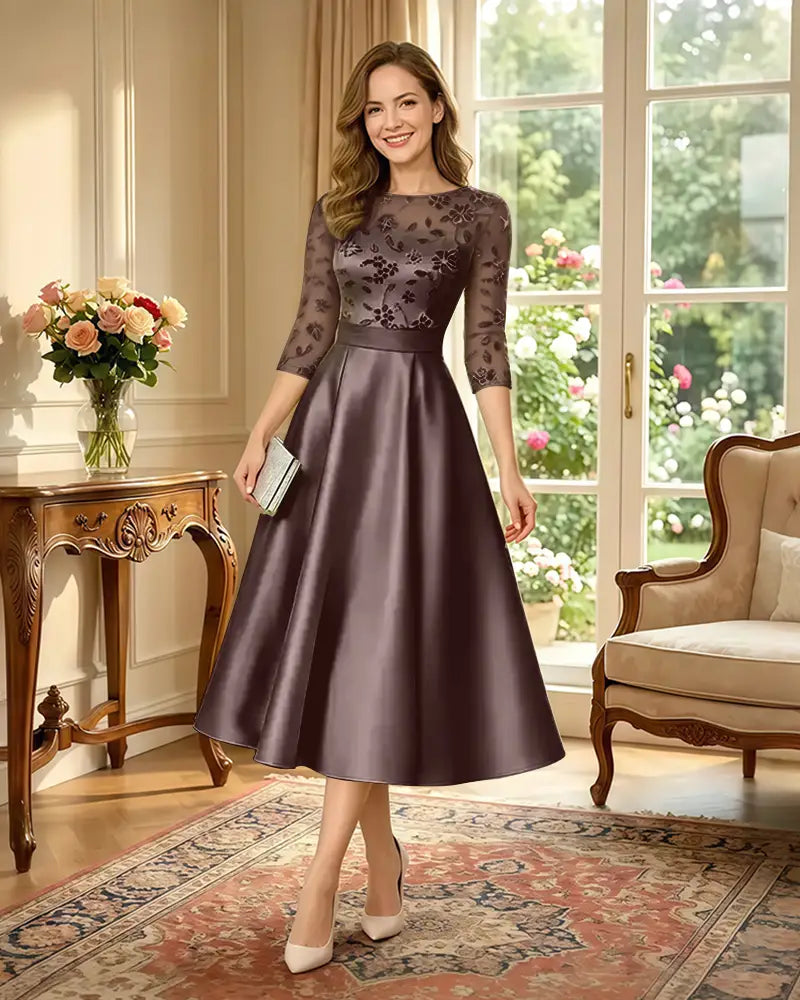 Satin-Tea-Length-Mother-of-the-Bride-Dress-with-Floral-Lace-Brown-1