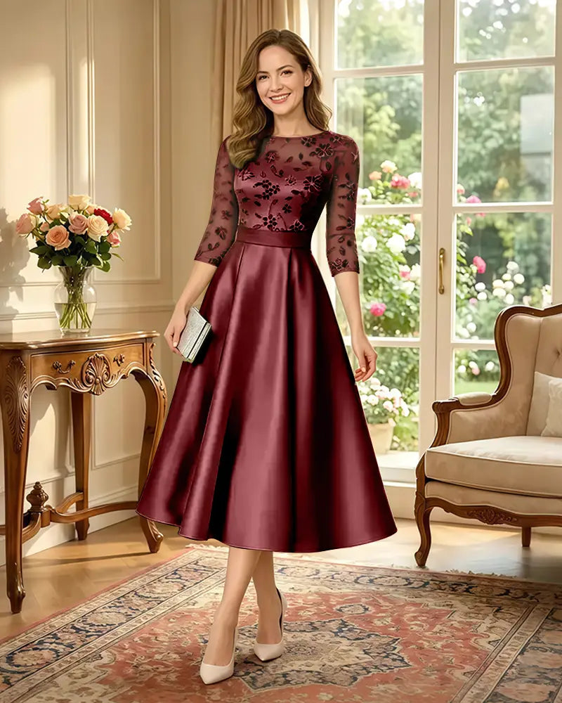 Satin-Tea-Length-Mother-of-the-Bride-Dress-with-Floral-Lace-Burgundy-1