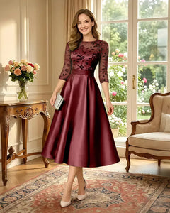 Satin-Tea-Length-Mother-of-the-Bride-Dress-with-Floral-Lace-Burgundy-1