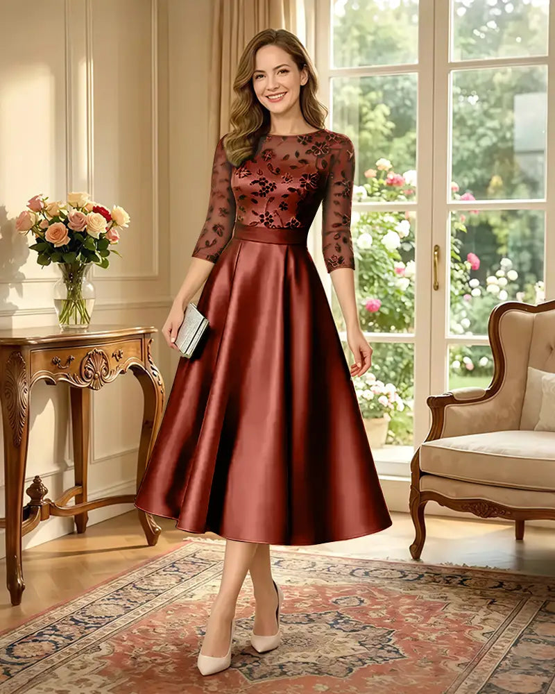 Satin-Tea-Length-Mother-of-the-Bride-Dress-with-Floral-Lace-Burnt-Orange-1