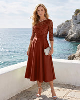 Satin-Tea-Length-Mother-of-the-Bride-Dress-with-Floral-Lace-Burnt-Orange-1