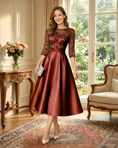 Satin-Tea-Length-Mother-of-the-Bride-Dress-with-Floral-Lace-Burnt-Orange-1