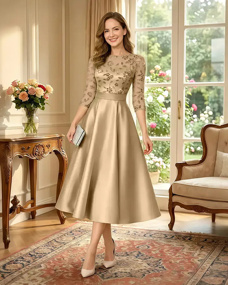 Satin-Tea-Length-Mother-of-the-Bride-Dress-with-Floral-Lace-Champagne-1