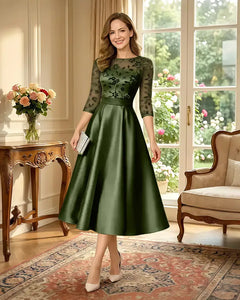 Satin-Tea-Length-Mother-of-the-Bride-Dress-with-Floral-Lace-Clover-1