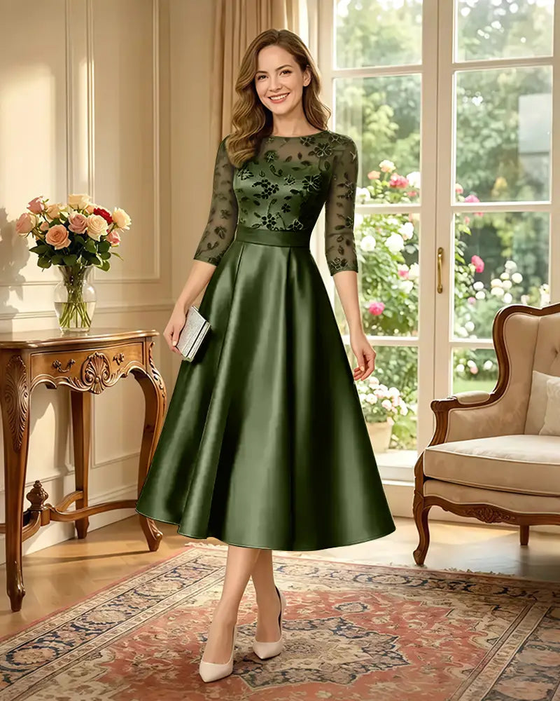 Satin-Tea-Length-Mother-of-the-Bride-Dress-with-Floral-Lace-Clover-1