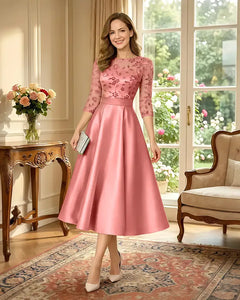 Satin-Tea-Length-Mother-of-the-Bride-Dress-with-Floral-Lace-Coral-1
