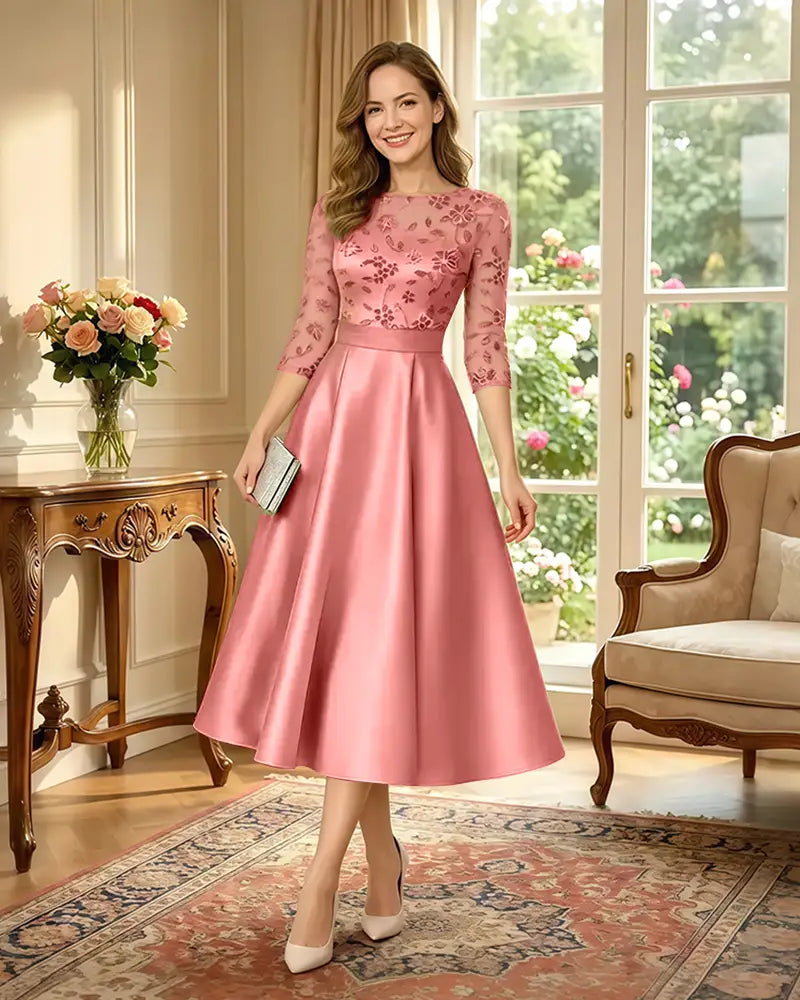 Satin-Tea-Length-Mother-of-the-Bride-Dress-with-Floral-Lace-Coral-1