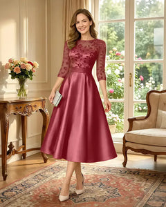 Satin-Tea-Length-Mother-of-the-Bride-Dress-with-Floral-Lace-Desert-Rose-1