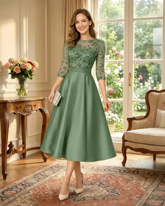 Satin-Tea-Length-Mother-of-the-Bride-Dress-with-Floral-Lace-Dusty-Sage-1