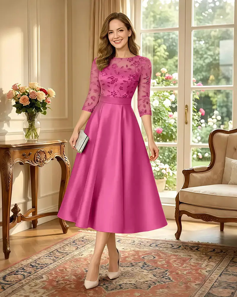 Satin-Tea-Length-Mother-of-the-Bride-Dress-with-Floral-Lace-Fuchsia-1