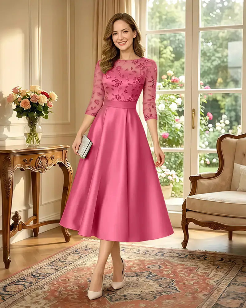 Satin-Tea-Length-Mother-of-the-Bride-Dress-with-Floral-Lace-Hot-Pink-1