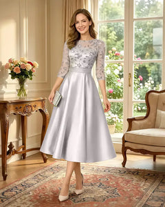 Satin-Tea-Length-Mother-of-the-Bride-Dress-with-Floral-Lace-Ivory-1