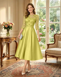 Satin-Tea-Length-Mother-of-the-Bride-Dress-with-Floral-Lace-Lemon-1