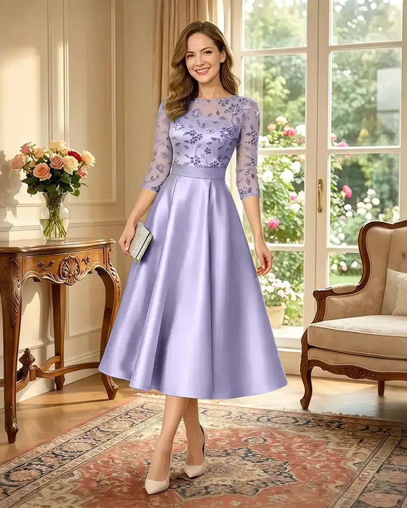 Satin-Tea-Length-Mother-of-the-Bride-Dress-with-Floral-Lace-Lilac-1