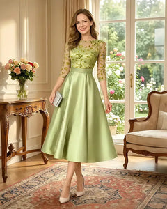Satin-Tea-Length-Mother-of-the-Bride-Dress-with-Floral-Lace-Lime-Green-1