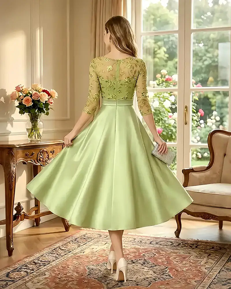 Satin-Tea-Length-Mother-of-the-Bride-Dress-with-Floral-Lace-Lime-Green-2