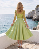 Satin-Tea-Length-Mother-of-the-Bride-Dress-with-Floral-Lace-Lime-Green-2