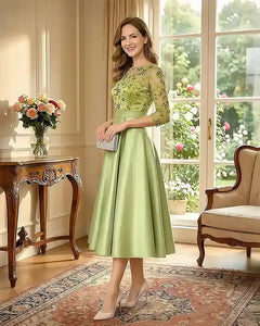 Satin-Tea-Length-Mother-of-the-Bride-Dress-with-Floral-Lace-Lime-Green-3