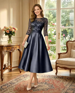 Satin-Tea-Length-Mother-of-the-Bride-Dress-with-Floral-Lace-Navy-Blue-1