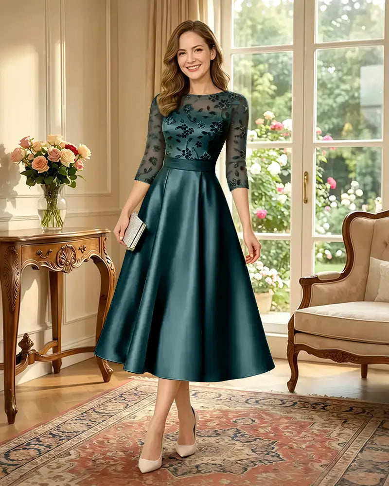 Satin-Tea-Length-Mother-of-the-Bride-Dress-with-Floral-Lace-Peacock-1