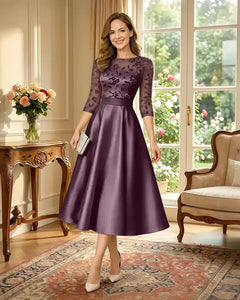 Satin-Tea-Length-Mother-of-the-Bride-Dress-with-Floral-Lace-Plum-1