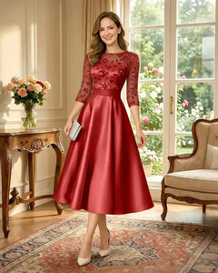 Satin-Tea-Length-Mother-of-the-Bride-Dress-with-Floral-Lace-Red-1