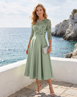 Satin-Tea-Length-Mother-of-the-Bride-Dress-with-Floral-Lace-Sage-1