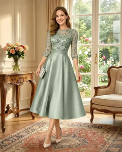 Satin-Tea-Length-Mother-of-the-Bride-Dress-with-Floral-Lace-Sage-1