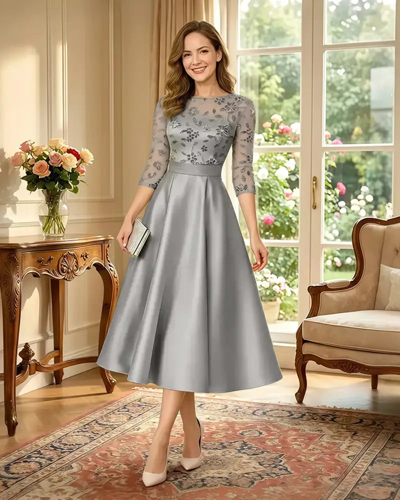 Satin-Tea-Length-Mother-of-the-Bride-Dress-with-Floral-Lace-Silver-1