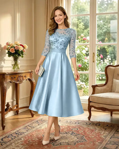 Satin-Tea-Length-Mother-of-the-Bride-Dress-with-Floral-Lace-Sky-Blue-1