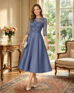 Satin-Tea-Length-Mother-of-the-Bride-Dress-with-Floral-Lace-Steel-Blue-1