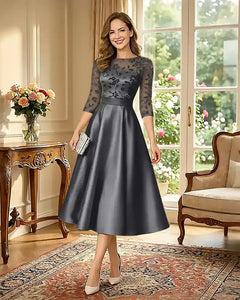 Satin-Tea-Length-Mother-of-the-Bride-Dress-with-Floral-Lace-Steel-Grey-1
