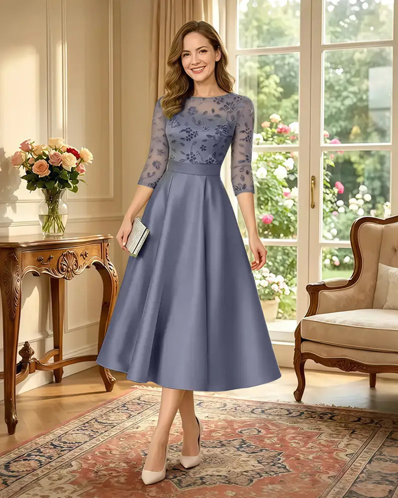 Satin-Tea-Length-Mother-of-the-Bride-Dress-with-Floral-Lace-Stormy-1