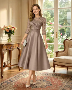Satin-Tea-Length-Mother-of-the-Bride-Dress-with-Floral-Lace-Taupe-1