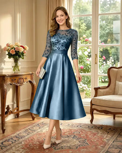 Satin-Tea-Length-Mother-of-the-Bride-Dress-with-Floral-Lace-Teal-1