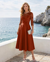Satin-Tea-Length-Mother-of-the-Bride-Dress-with-Floral-Lace-Terracotta-1