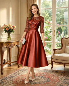 Satin-Tea-Length-Mother-of-the-Bride-Dress-with-Floral-Lace-Terracotta-1