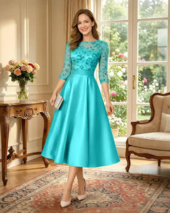 Satin-Tea-Length-Mother-of-the-Bride-Dress-with-Floral-Lace-Turquoise-1